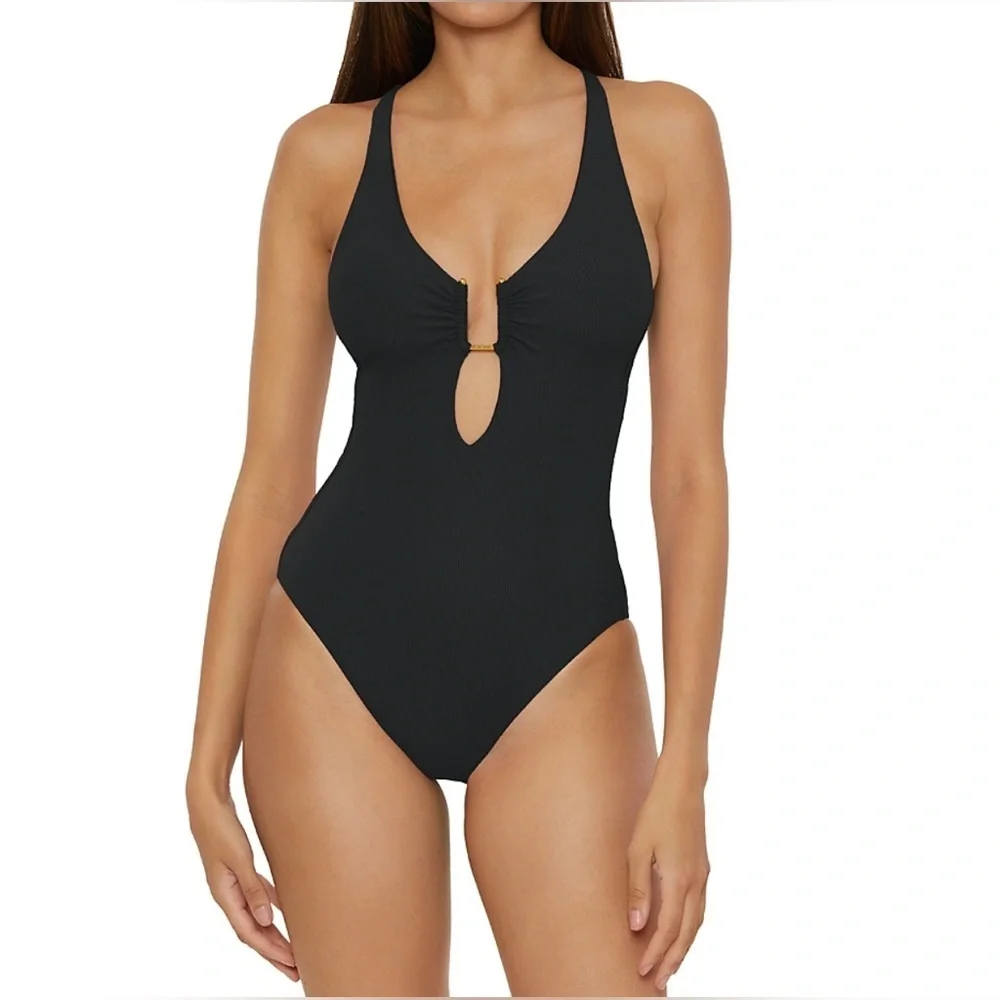 BECCA Women's Modern Edge One Piece Swimsuit, Plunge Neck, Adjustable, Tie Back